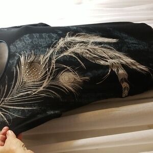 Sz L Black Gray Teal Peacock Feather Print Top